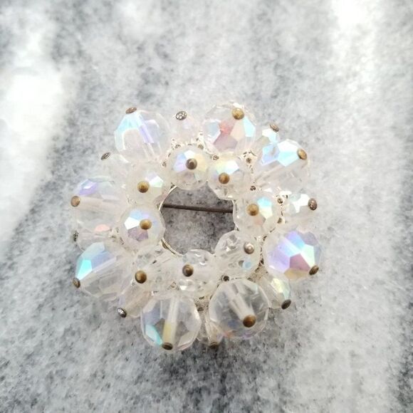 Vintage Beaded Cluster Wreath Circle Brooch, AB Crystal Clear Beads, Unsigned Es - Picture 5 of 5